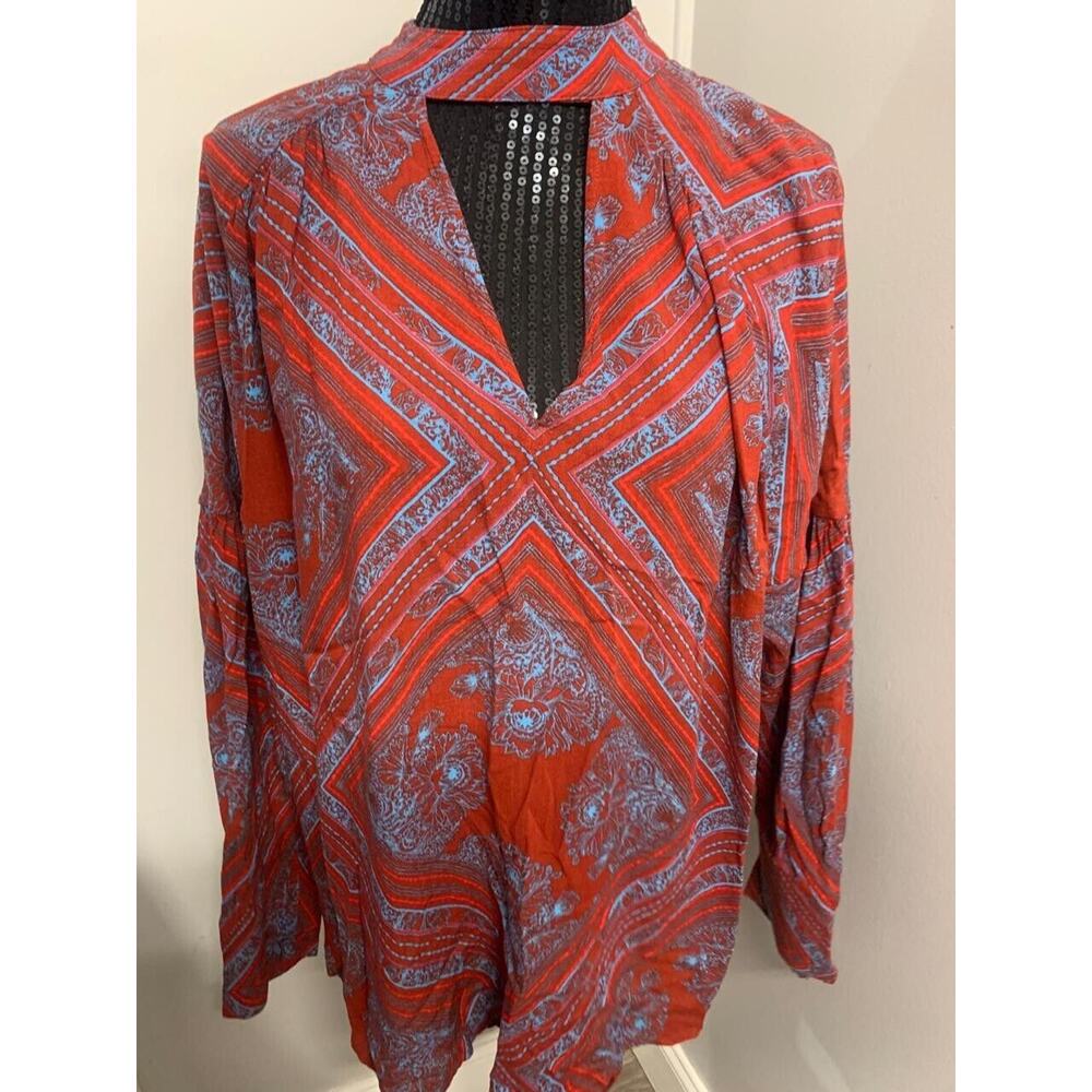 Free People Blouse Long Sleeve Red/Blue M Women's A38